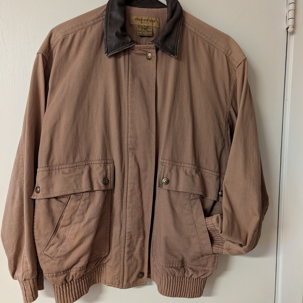 Vintage Jones New York SportMedium Bomber Style Jacket Zip and Button Dark Beige